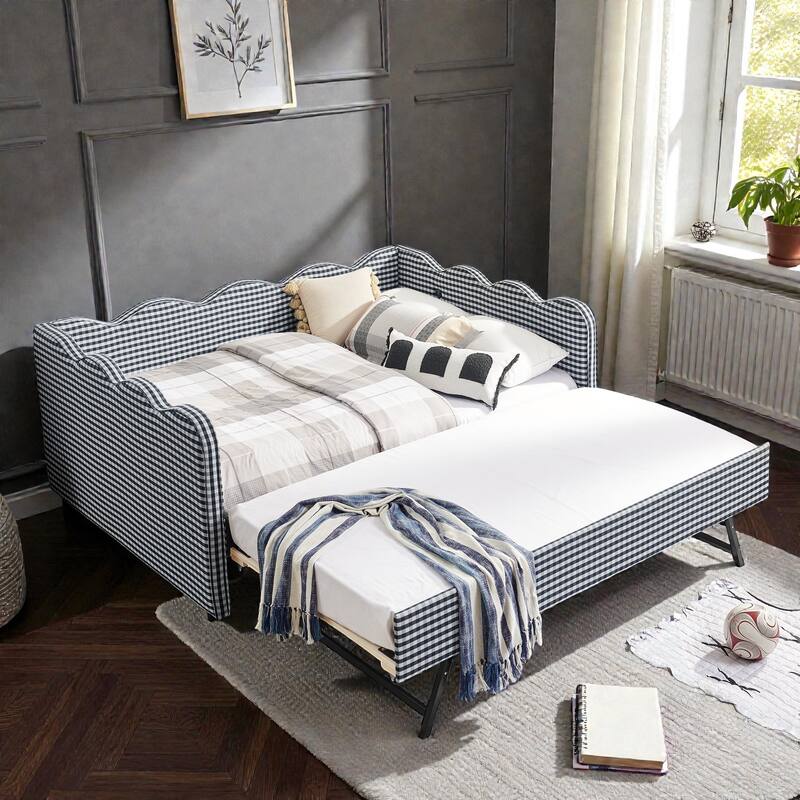 Full Size Gingham Daybed with Twin Trundle, Linen Sofa Bed with USB Port and Wave Shaped Design