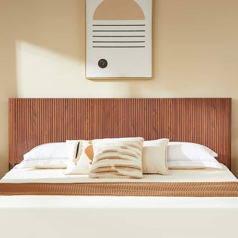 Low Profile Platform Bed, Wooden Corrugated Curved Lines Headboard Wingback Bed, Metal Slat Support Bed Frame