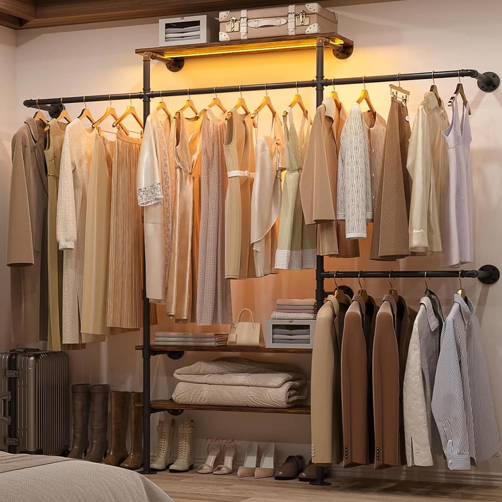 87"W Industrial Pipe Clothing Racks with LED Lights & Open Shelves,Reversible Walk-in Closet Oraganizer System Garment Racks