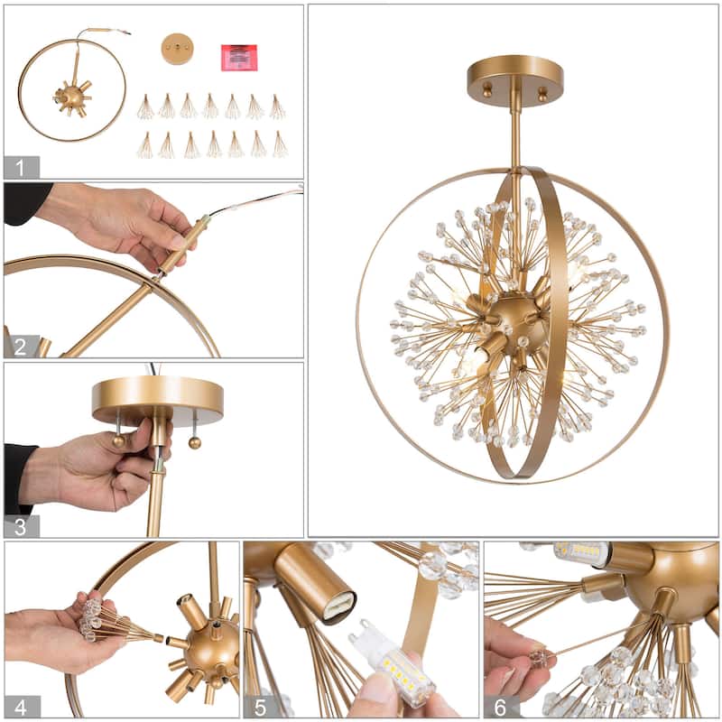 Mid-Century Modern Art Crystal 4-light Globe Semi-flush Mount Light for Foyer - D 15'' x H 20''