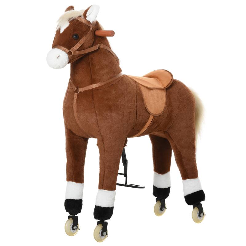 Interactive Large Ride-On Rocking Horse for Kids Aged 5-16, Plush Body with Rolling Wheels - Brown