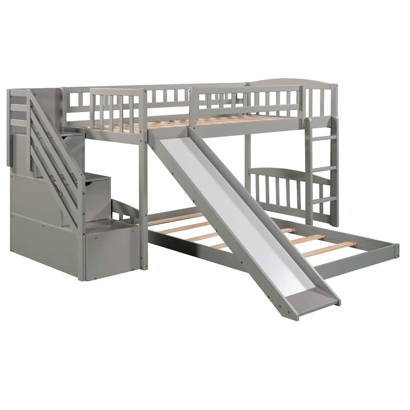Stairway Twin over Twin Bunk Bed with Two Drawers, Slide, and Convertible Ladder, Gray