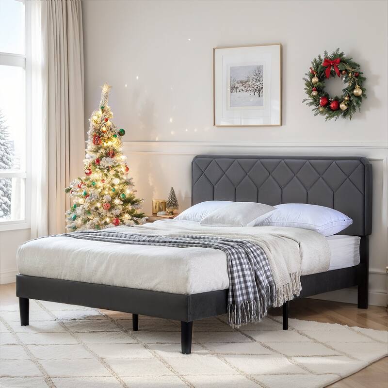 VECELO Adjustable Height Velvet Upholstered Bed Diamond Tufted Headboard with 7.8" Underbed Storage No Box Spring Needed
