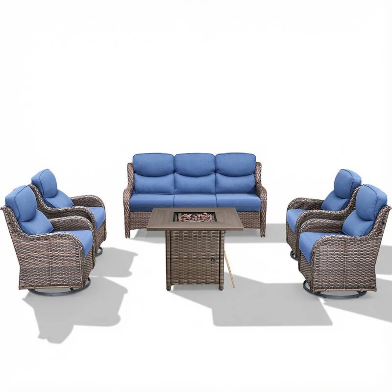 Pocassy Outdoor Propane Fire Pit Table with Sofa Swivel Chair Funiture Set.