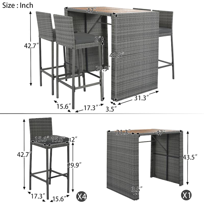 5-pieces Outdoor Patio Wicker Bar Set, Bar Height Chairs With Non-Slip Feet And Fixed Rope, Removable Cushion