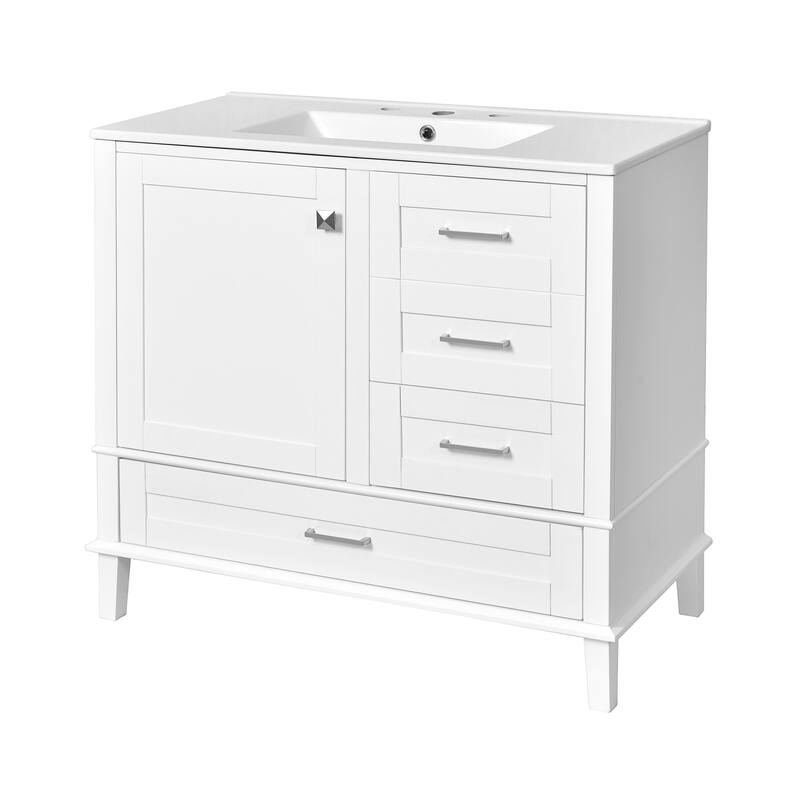 Elegant 36-Inch Bathroom Vanity with Undermount Ceramic Sink, Soft Close Storage Drawers, Silver Handles - Contemporary Look