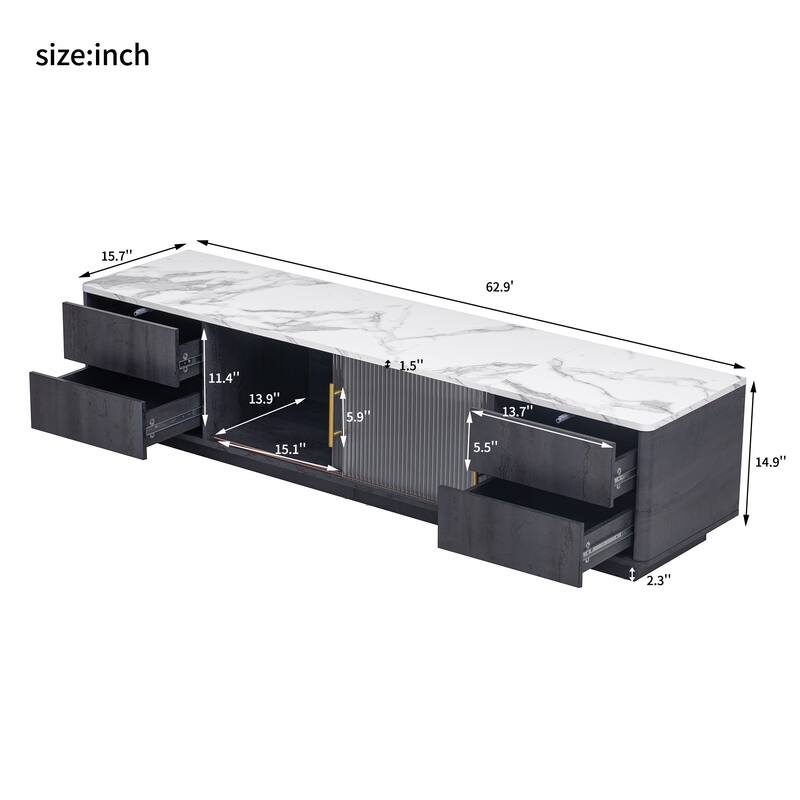Glass Doors TV Stand for 70" TV, Media Console with 4 Drawers Floor Wood TV Media Center Table with Large Storage Cabinet