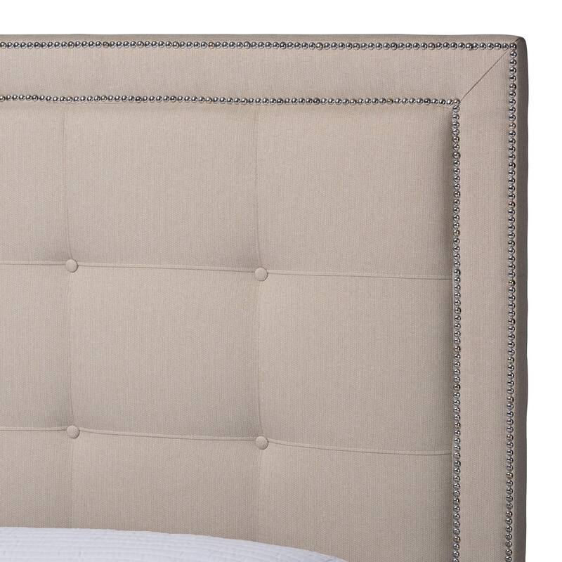 King Size Platform Bed - Grey Linen Upholstered, Button Tufted Headboard with Silver Trim