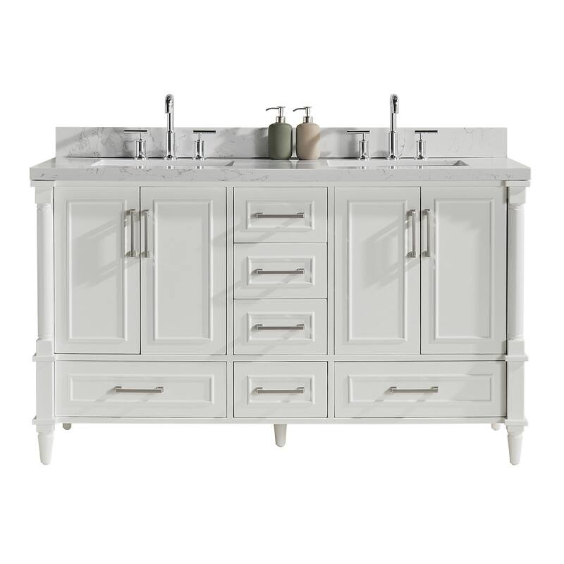 60 inch Plywood Freestanding Bathroom Vanity Set in White with Undermount Ceramic Sink