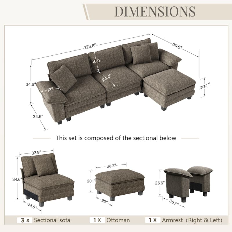 MAISON ARTS Modular Cloud Sectional Sofa, Comfy L- or U-Shaped Couch with Ottomans & Pillows, 4–6 Seat Living Room Sofa