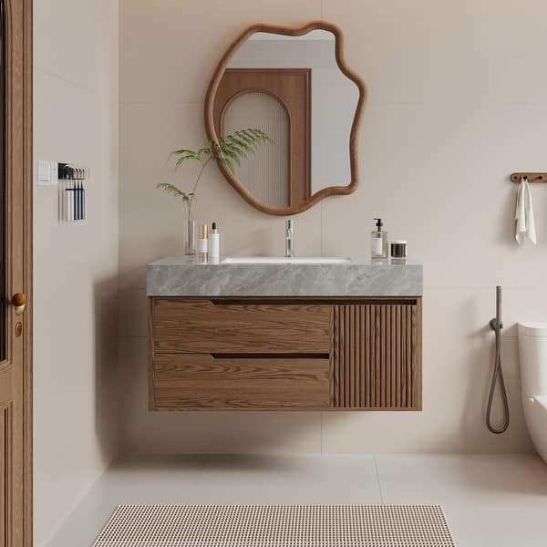 slide 2 of 9, 36"Mid Century Modern Wall-Mounted Bathroom Vanities,Single Sink,Brown Wood Texture with Sintered Stone Table top