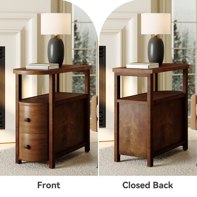 2 Drawer Solid Wood Side End Table, Fully Assembled, Narrow Slim Design