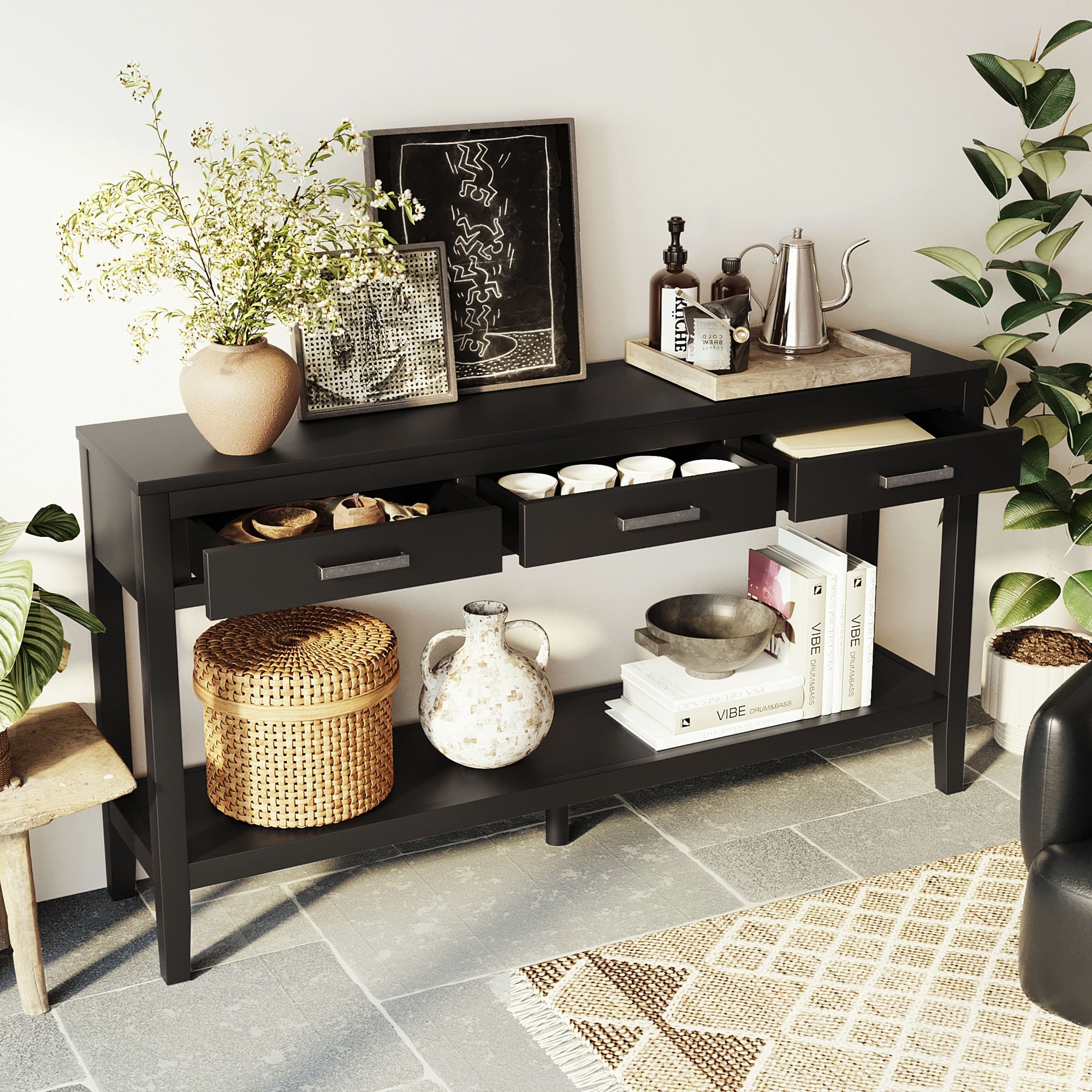 59.1'' Farmhouse Entryway Table with 3 Drawers,Painted Console Table with Bottom Shelf & Iron Handles