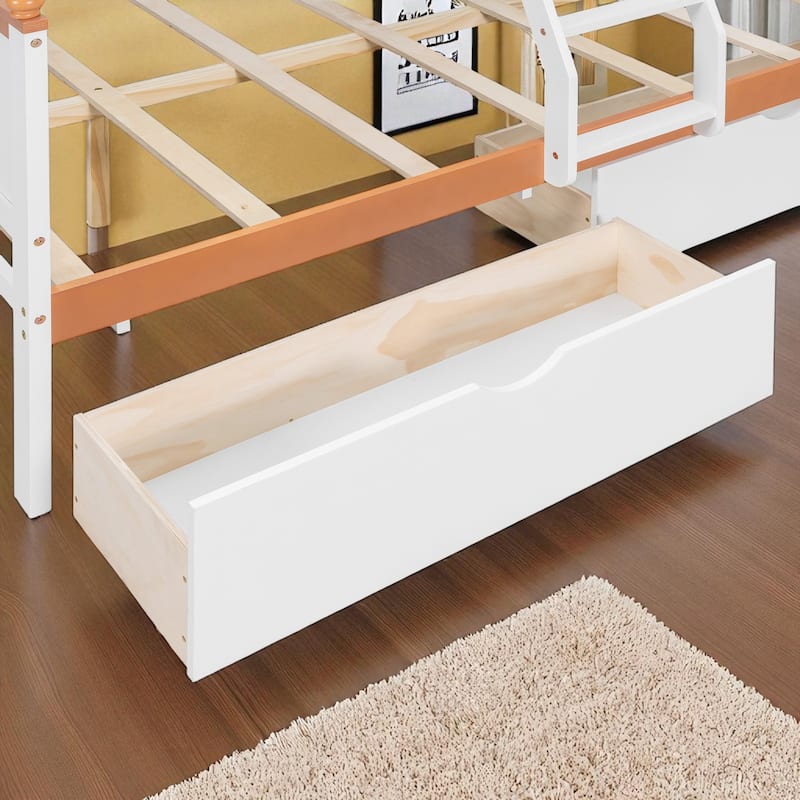 Twin Over Full Wooden Bunk Bed with Wardrobe, Drawers, Shelves & LED Light, White and Orange Finish