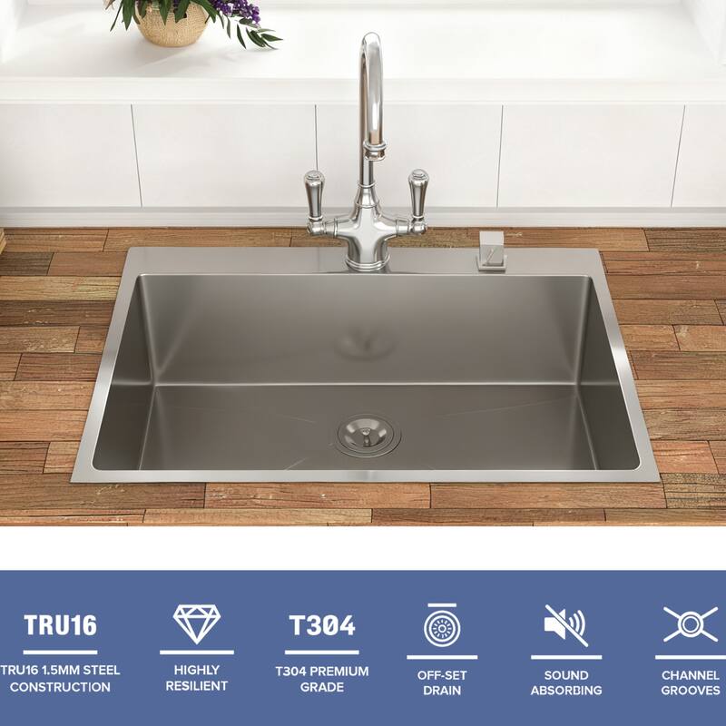 36 x 22 x 9 inch Kitchen Sink Drop In 16 Gauge Stainless Steel 36" Single Bowl Topmount Kitchen Sink Basin
