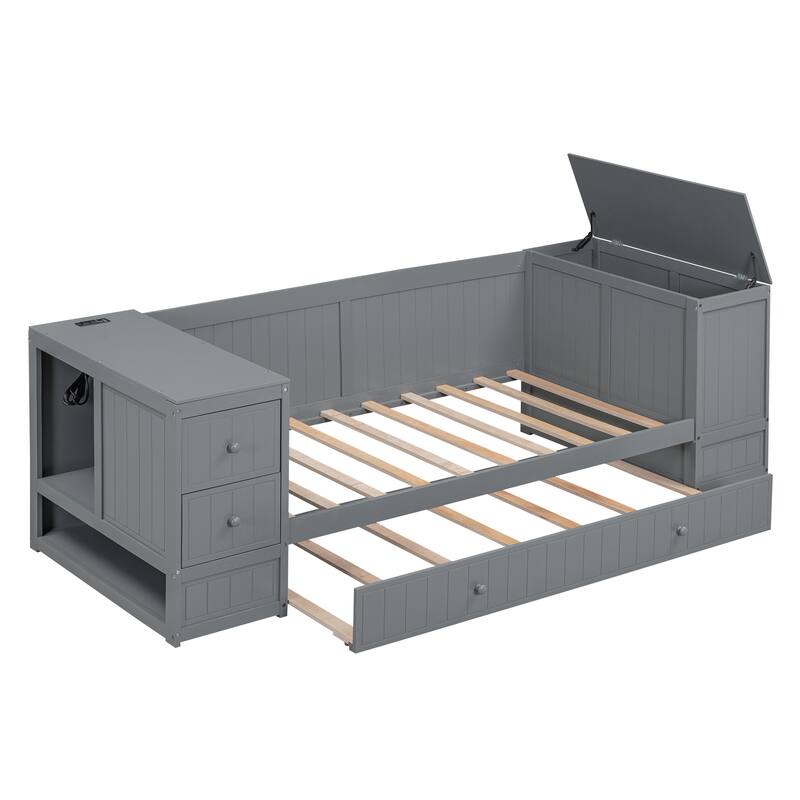 Twin Size Daybed with Storage, Trundle, and Charging Station in Gray