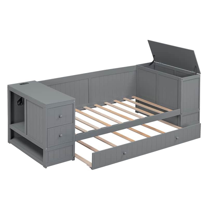 Wooden Bed Frame Low-Profile Daybed with Storage Arms and Charging Station, Trundle Bed with Wood Slat for Bedroom/Apartment