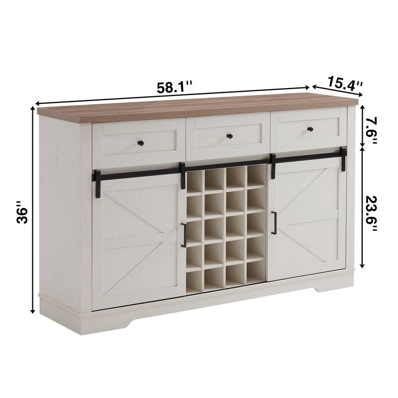 Farmhouse Wine Bar Cabinet with Sliding Barn Doors, 58" Storage Cabinet Buffet Sideboard with Wine Rack & 3 Drawers