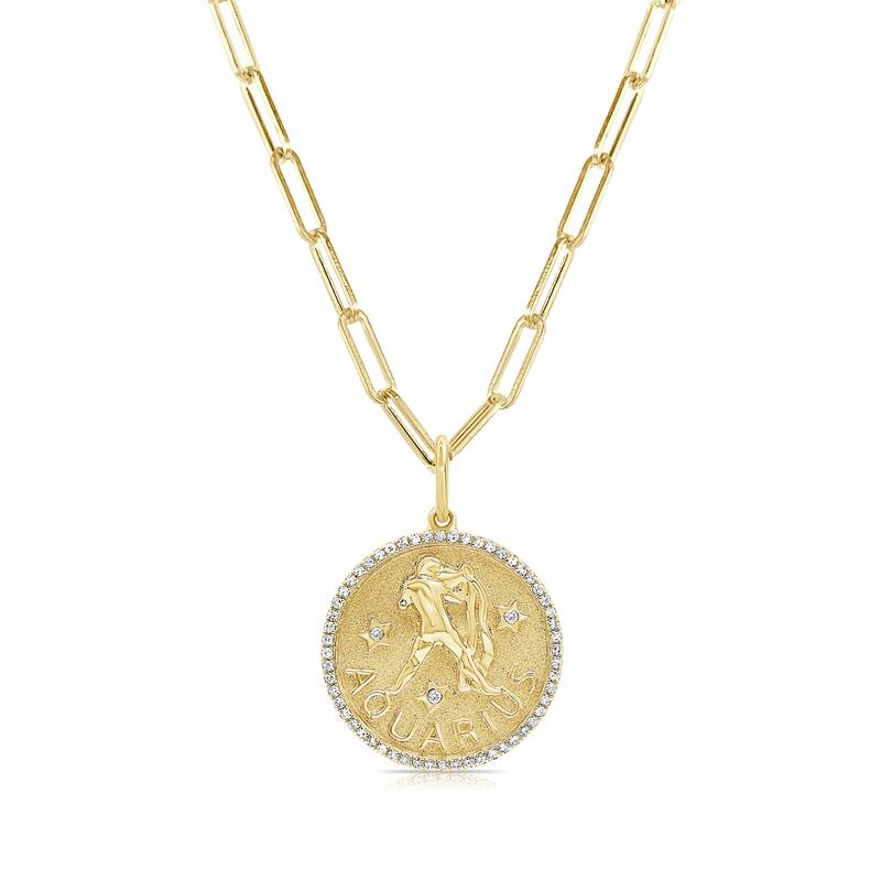 Zodiac Diamond Sign Necklace 14k Gold - Coin Pendant - Yellow Gold Diamond Necklace for Her - Women's Neckace