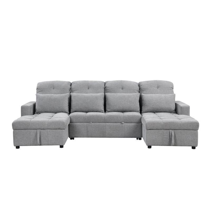 Classic U Shaped Sectional Sofa with Chenille Upholstery and Pull Out Bed and Storage Chaise for Guest Ready Living Rooms