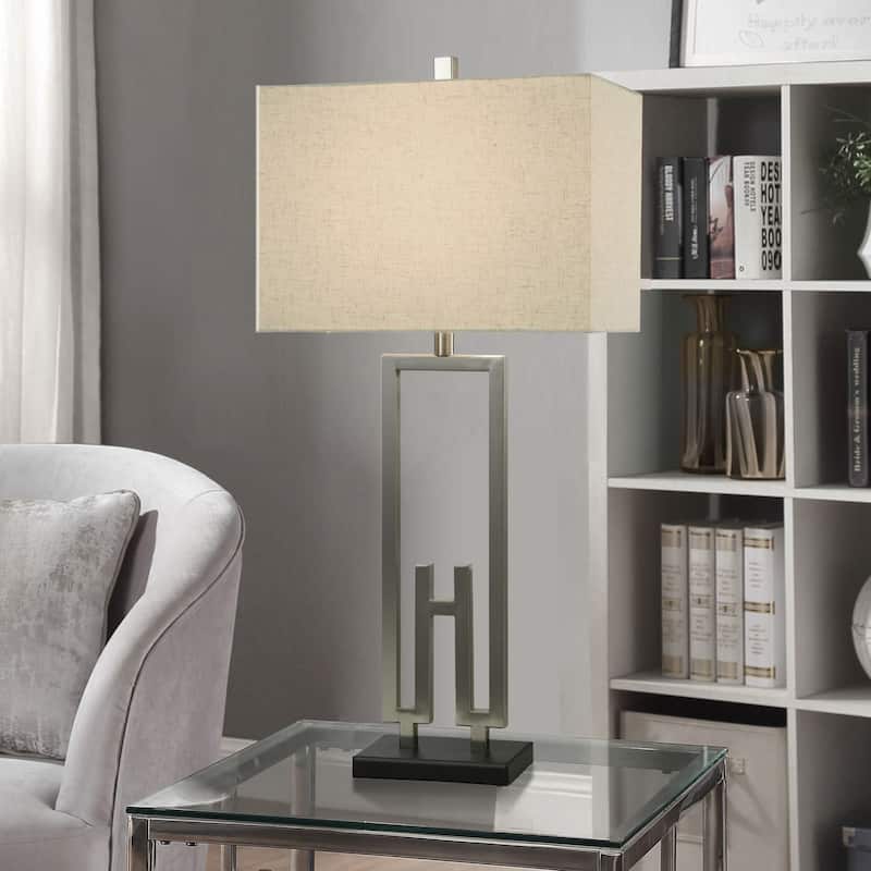 Brushed And Satin - Modern Table Lamp In Brushed Nickel And Black Finish - Heathered Oatmeal Shade