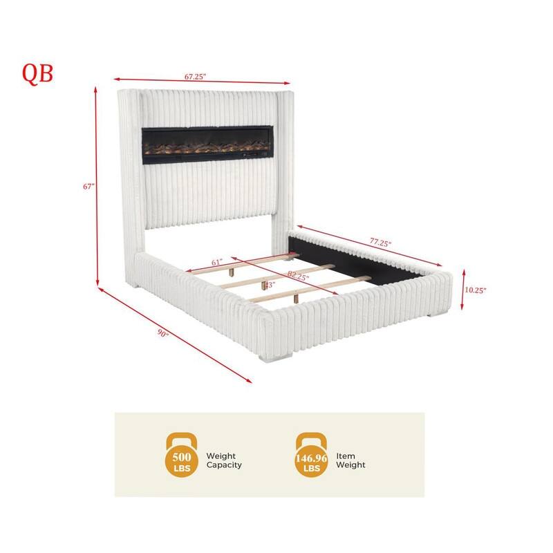 Best Master Furniture Noemie Luxe Modern Upholstered Velvet Panel Bed with Integrated Fireplace Display