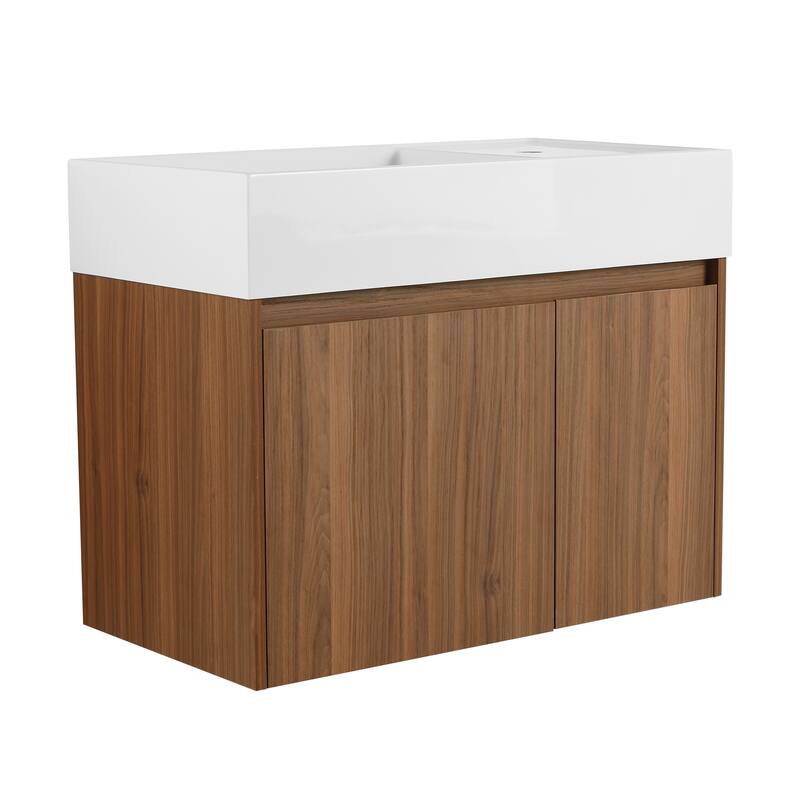 30 Inch Bathroom Vanity Cabinet with Soft Close Hinges, Resin Sink, Floating Mounting, and Ample Storage - 29.5 in W Plywood - Walnut