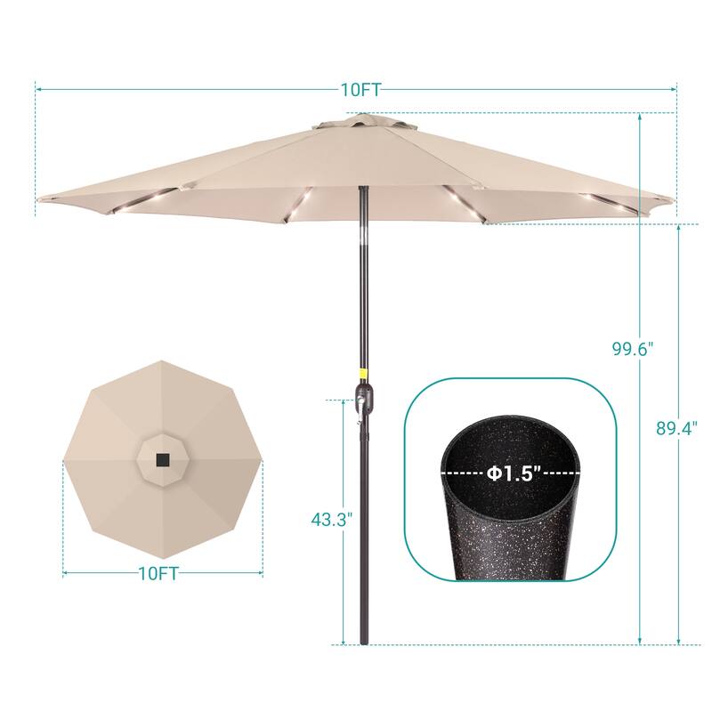 BONOSUKI Patio 10Ft LED Market Umbrellas With Solar Lights, Table Umbrella for Patio and Outdoor With Tilt Button