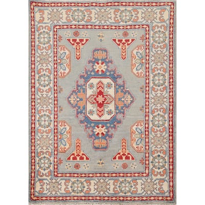 Geometric Kazak Oriental Accent Rug Hand-Knotted Blue Wool Carpet - 3'5"x 4'10"