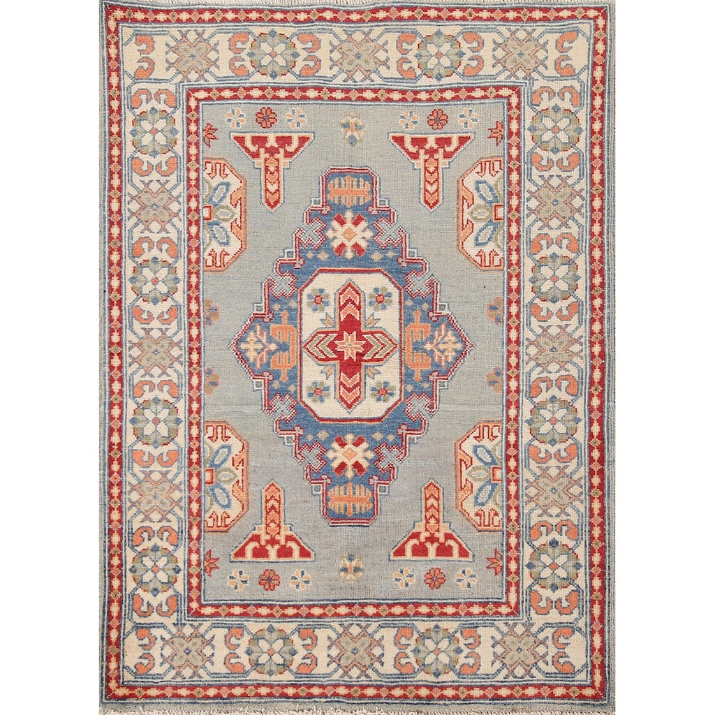 Geometric Kazak Oriental Accent Rug Hand-Knotted Blue Wool Carpet - 3'5"x 4'10"