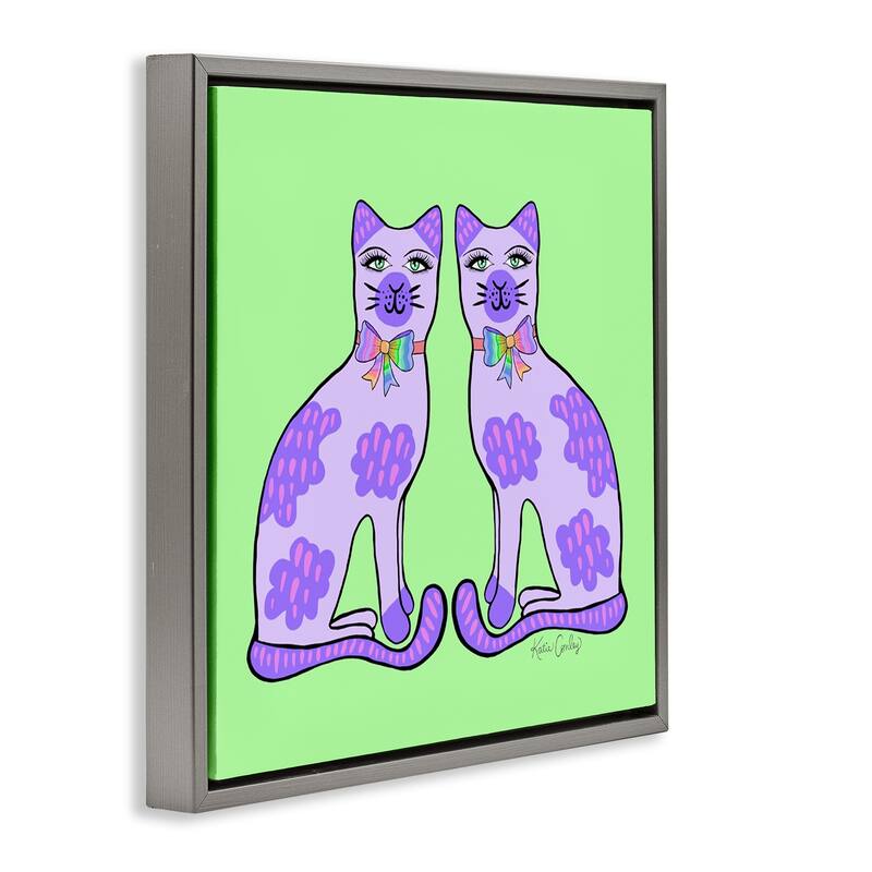 Stupell Purple Cats on Green Framed Floater Canvas Wall Art Design By Katie Conley