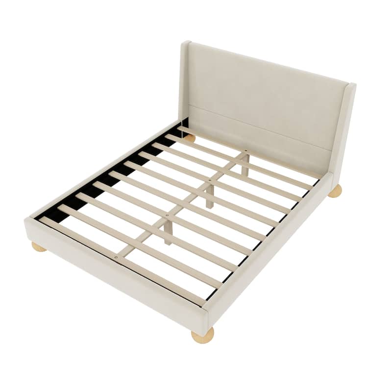 Velvet Frame Wingback Bed Platform Bed with Wooden Legs