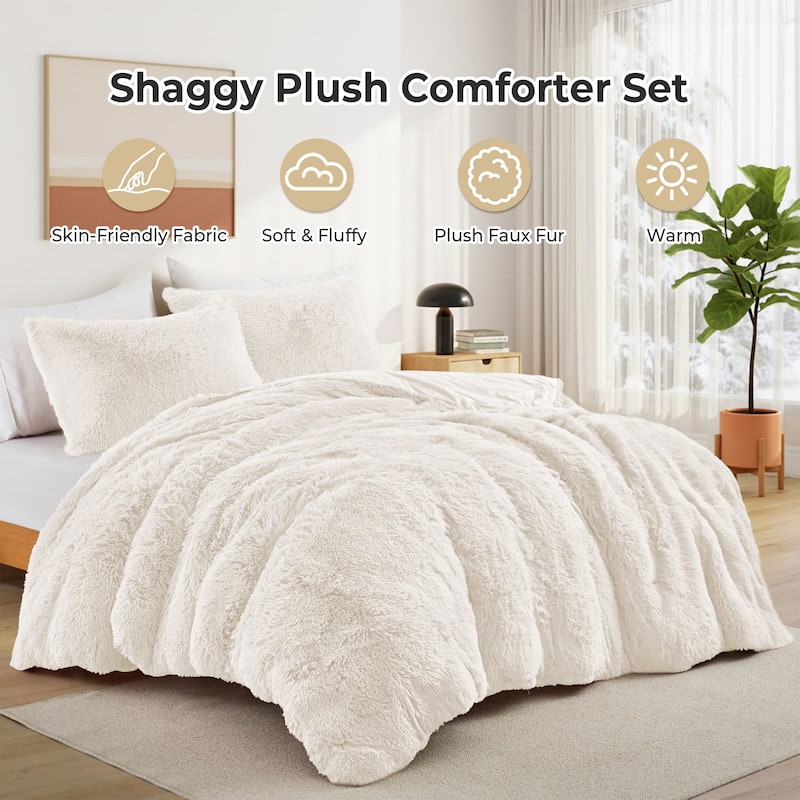 Fluffy Shaggy Reversible Faux Fur Comforter Set, Fuzzy Plush Bedding Set
