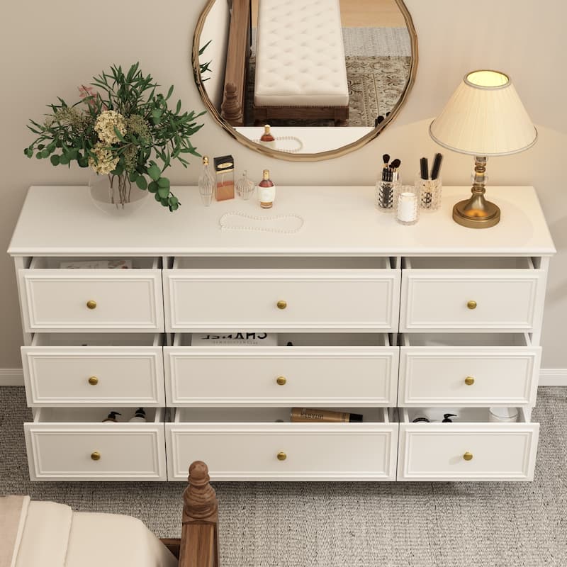 63" Wide 9/12 Drawer Dresser for Bedroom, Modern Farmhouse Double Dresser with Gold Knobs, Large Storage Chest