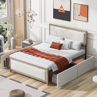 Queen Size Upholstered Platform Bed with Nailhead Decoration