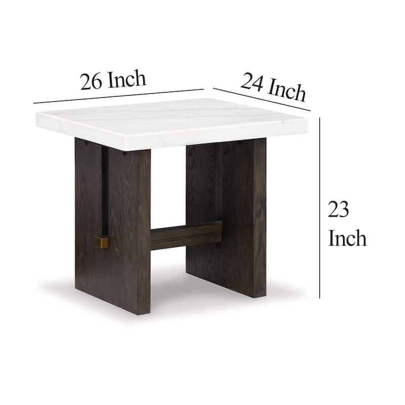 Haus Side End Table, Marble Top, Panel Legs, 26 Inch Brown Solid Wood