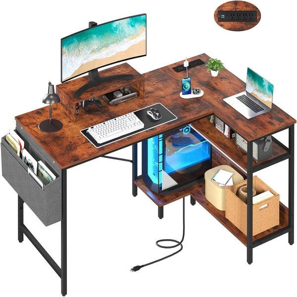 47" Modern Computer Desk With Power Outlets, Monitor Stands & Storage – Home Office & Gaming Desk (Black)