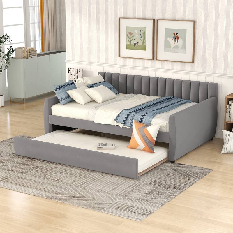 Elegant Velvet Upholstered Daybed, Full Size with Trundle, Sturdy Wood Slat Frame, Easy Assembly - Grey - Full