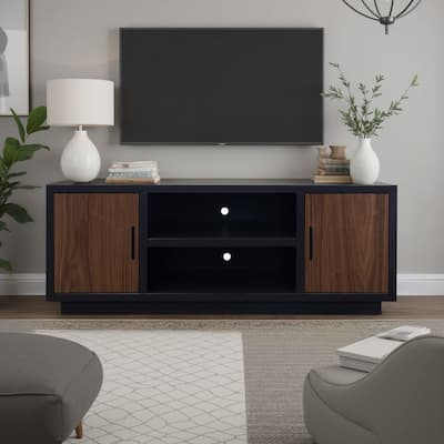 Bridgevine Home Aria 66 inch TV Stand for TVs up to 80 inches, No Assembly Required, Black and Walnut Finish