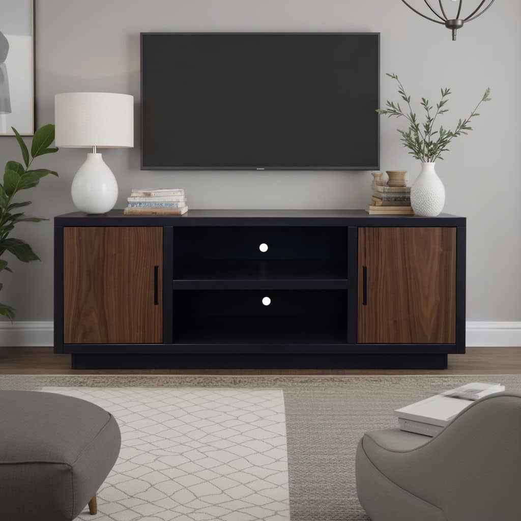Bridgevine Home Aria 66 inch TV Stand for TVs up to 80 inches, No Assembly Required, Black and Walnut Finish
