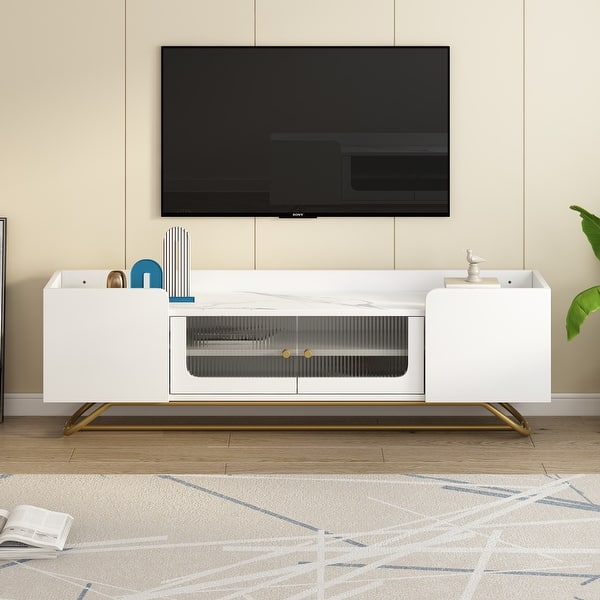 Modern TV Stand with Fluted Glass Doors and Gold Frame Base - Bed Bath ...