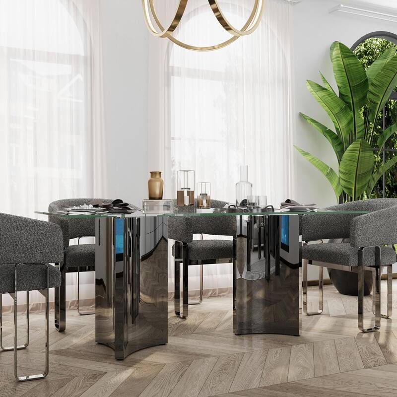 70 inch Clear Tempered Glass Dining Table Set with Grey Boucle Dining Chairs