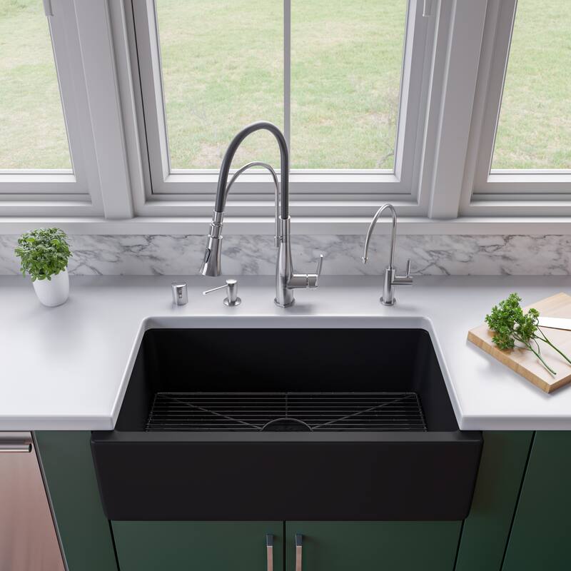 33" Black Matte Reversible Smooth / Fluted Single Bowl Fireclay Farm Sink