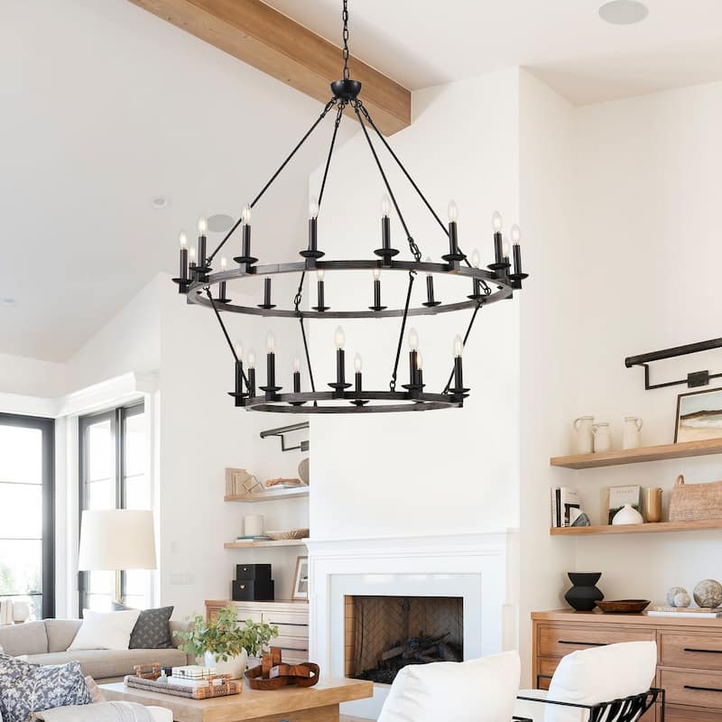 26-Lights Multi Tiers Farmhouse Wagon Wheel Chandelier - 47.2"D×4.7"W×108.2"H(Adjustable)