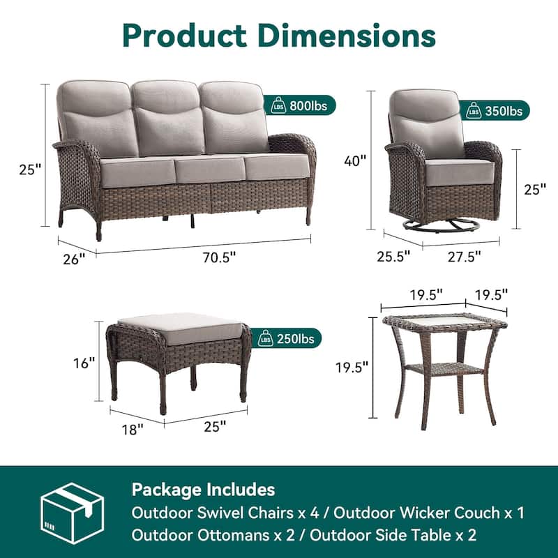 Pocassy Outdoor Sofa Swivel Chair and Ottman with Fire Pit Table