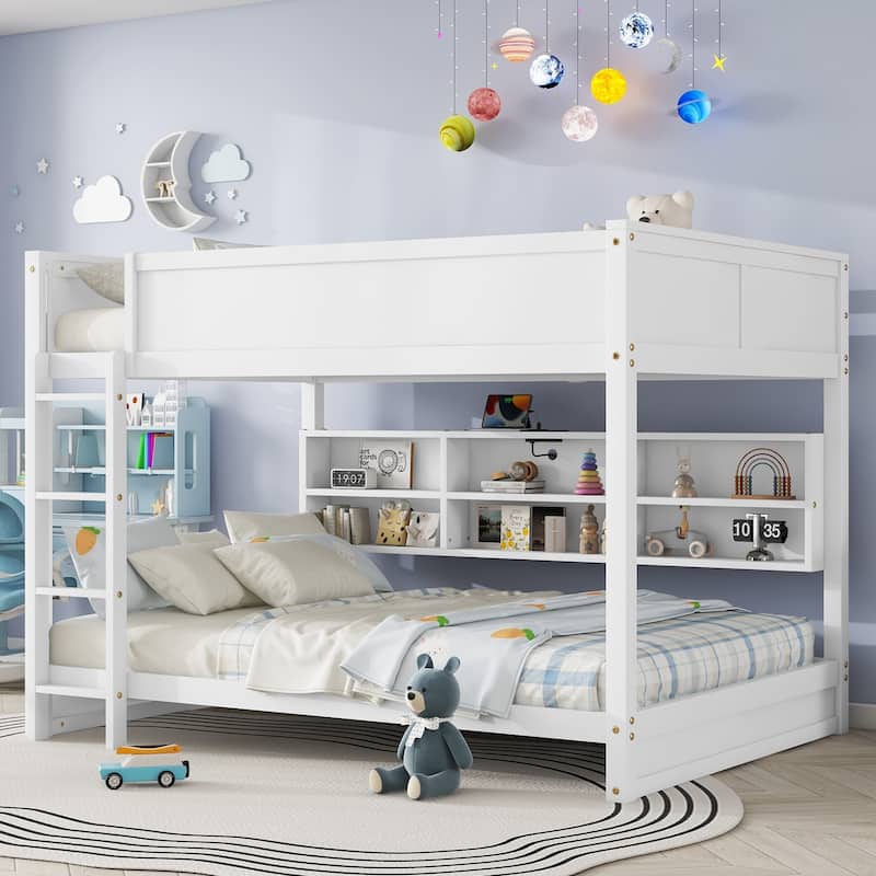 Queen Over Queen Bunk Bed with Built-in Storage Cabinets,Charging Station,Ladder,Safety Guardrails