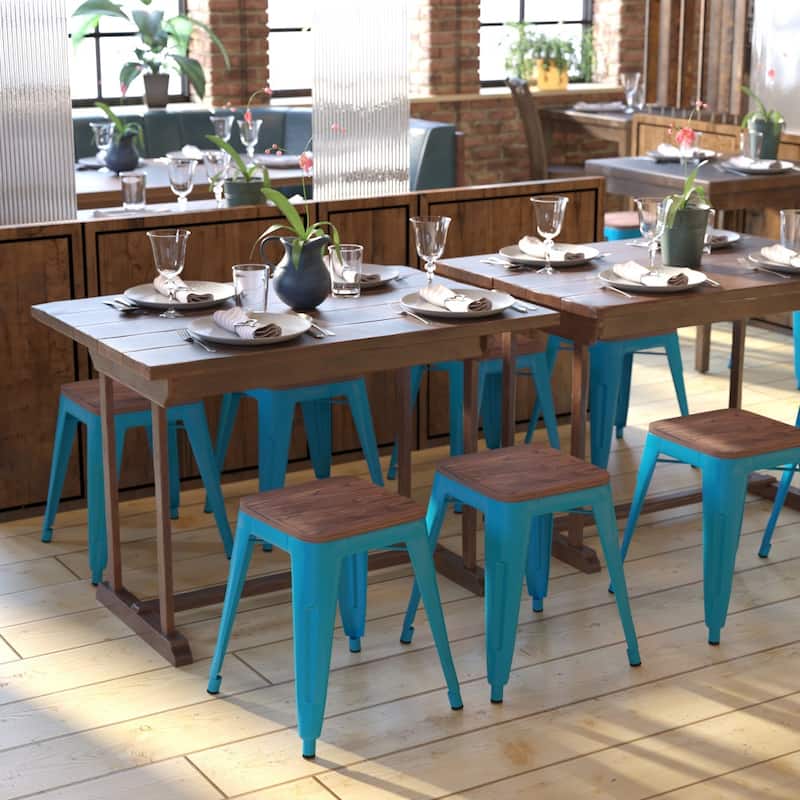 Set of 4 18" Table Height Indoor Stackable Metal Stool with Wood Seat - Teal