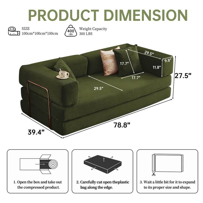 2-in-1 Convertible Modular Sofa Bed, Memory Foam Mattress, No Assembly, Space-Saving for Living Room, Bedroom