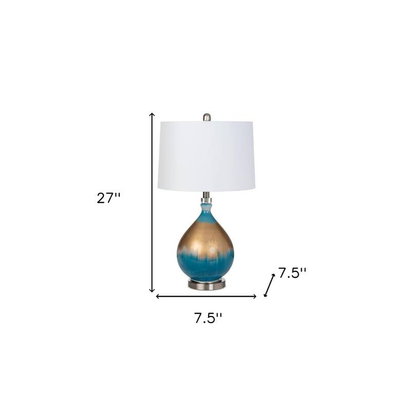 HomeRoots Set of Two 27" Blue and Gold Ombre Glass Table Lamps With White Empire Shade - 7.5' X '27' X '7.5