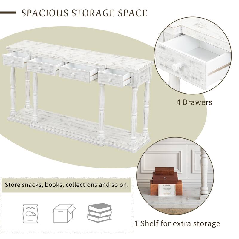 63" Retro Wooden Console Table with 4 Storage Drawers and Bottom Shelf